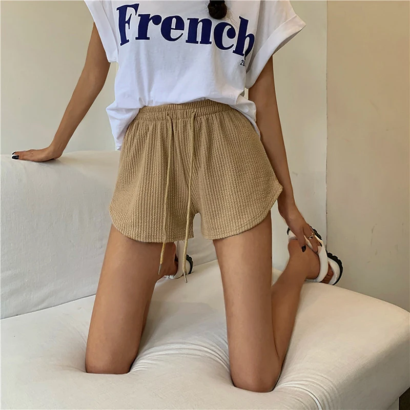 Women's Summer High Waist Elastic Drawstring Wide Leg Shorts Fitness Running Sports Shorts Loose Casual Solid Color Short Pants