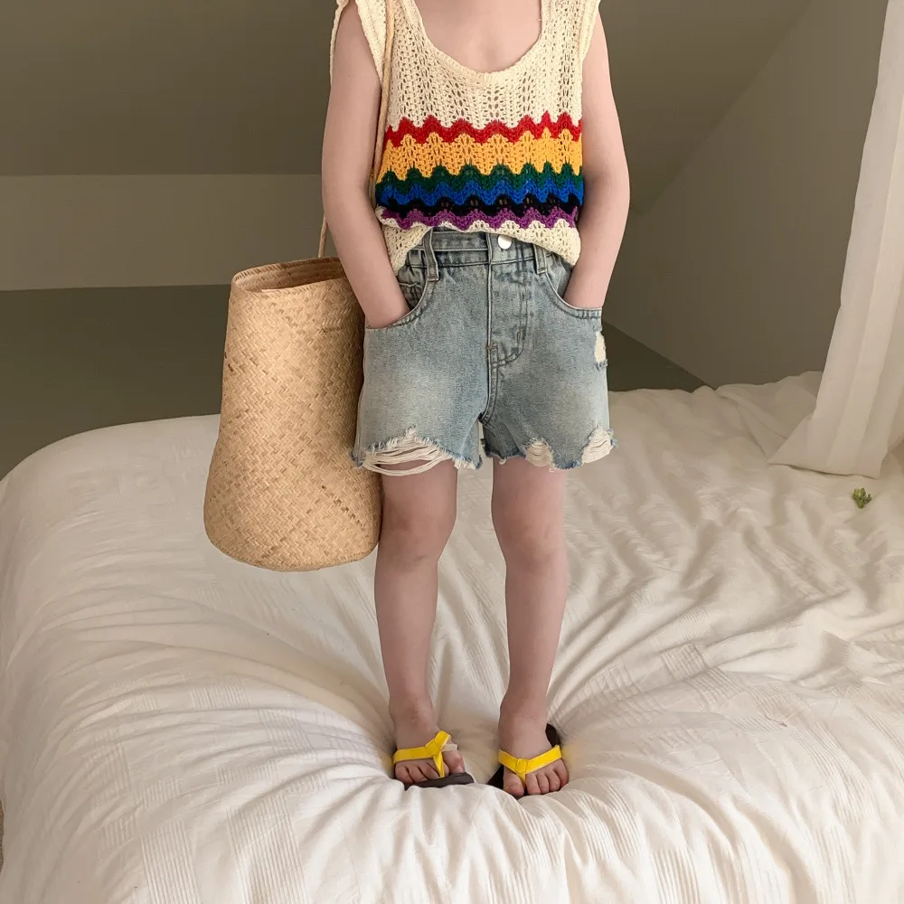 

2023 Girls Denim Short Summer Korean Children Clothes From 1 To 9 Years Fashion Kids Clothing Little Girl Jeans Pant