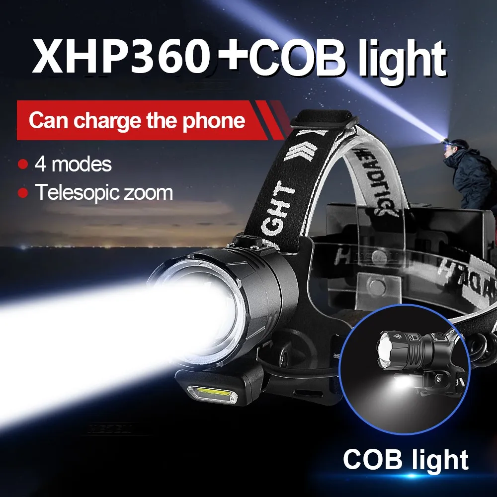 

Powerful XHP360 LED Headlamp Super Bright USB Rechargeable Head Lamps High Power Zoomable Headlight Camping Fishing Head Lantern