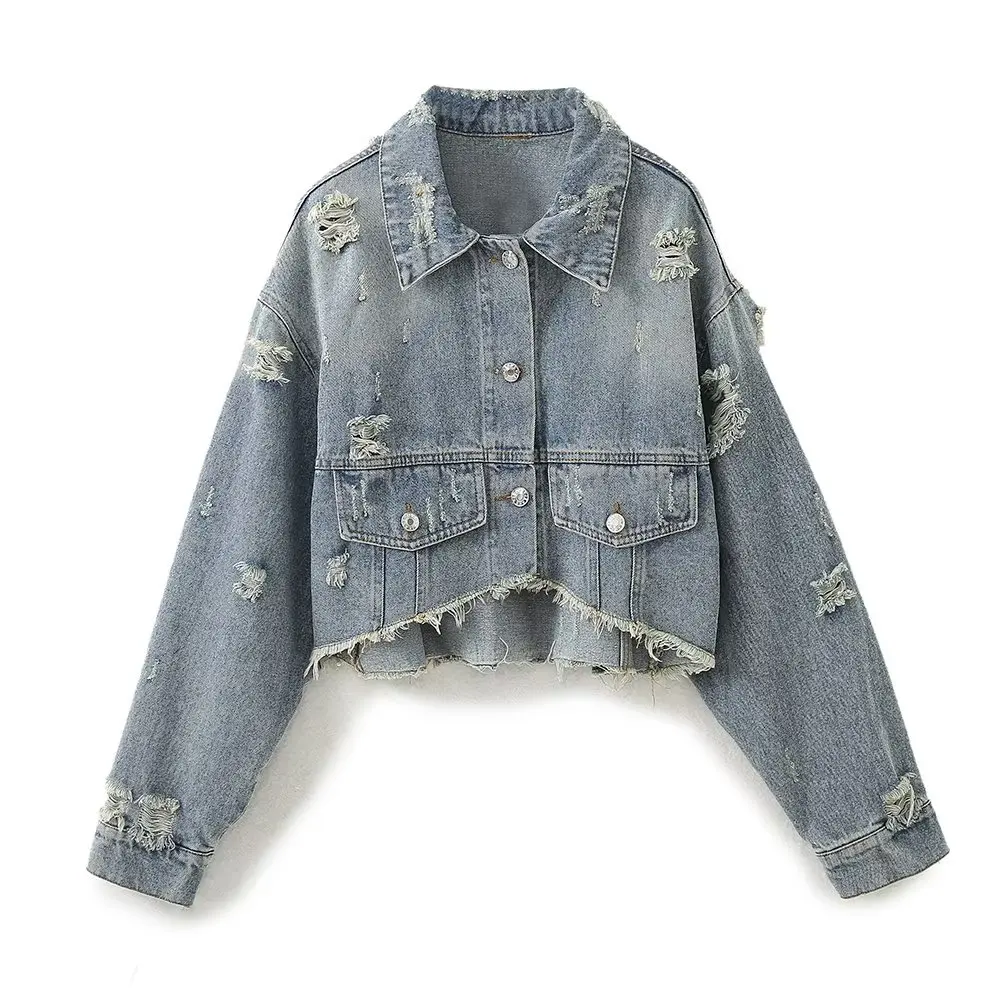 

Autumn new women's denim jacket with torn decoration and versatile short jacket top