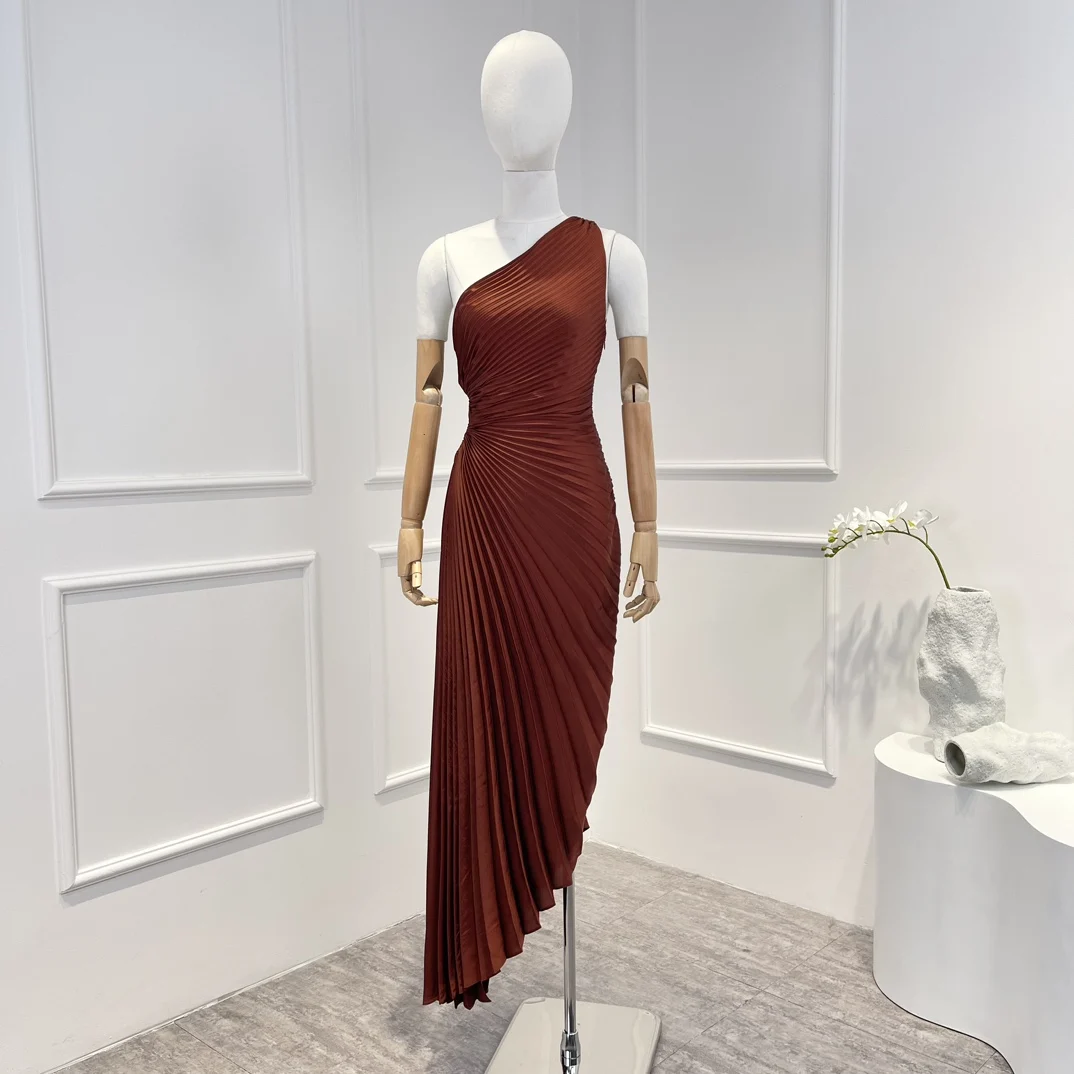 

One-shoulder Elegant Pleat Midi Dress Texture 2022 Top Quality Slim Metallic Luster Bronze Waist Cut Out Women Clothing
