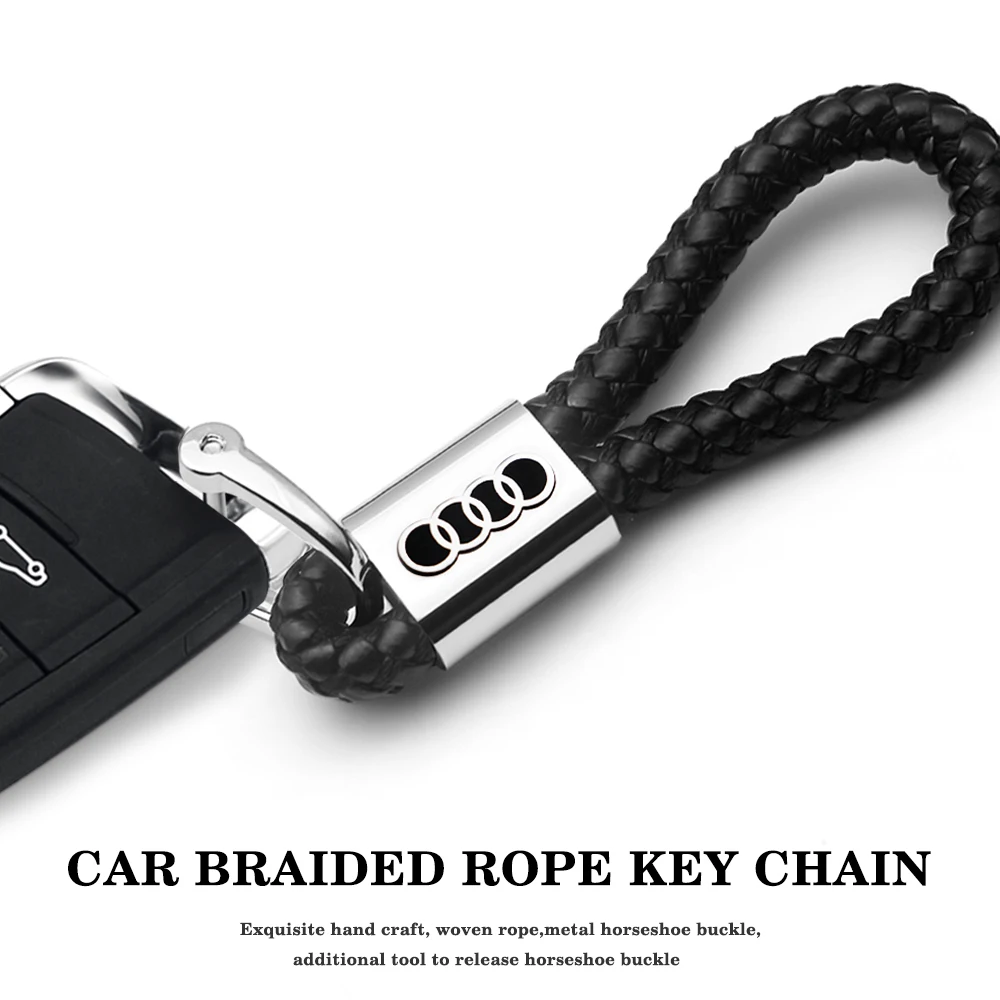 

Car Leather Keychains Metal 360 Degree Rotating Horseshoe Buckle Braided Rope Keyrings For Audi A3 A4 B5 B6 8P 8V 8L A5 A6 C6 C5