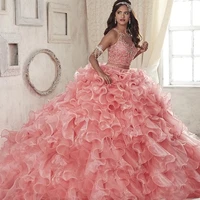 pink cheap quinceanera dresses ball gown scoop organza beaded crystals two pieces puffy sweet 16 dresses