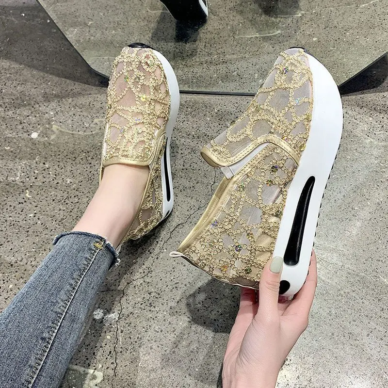 

Shoes Female Wedge Sequin Mesh Breathable Shoes Women Gold Silver Platform Sneakers Women Height Increasing Wedges Shoes Casual
