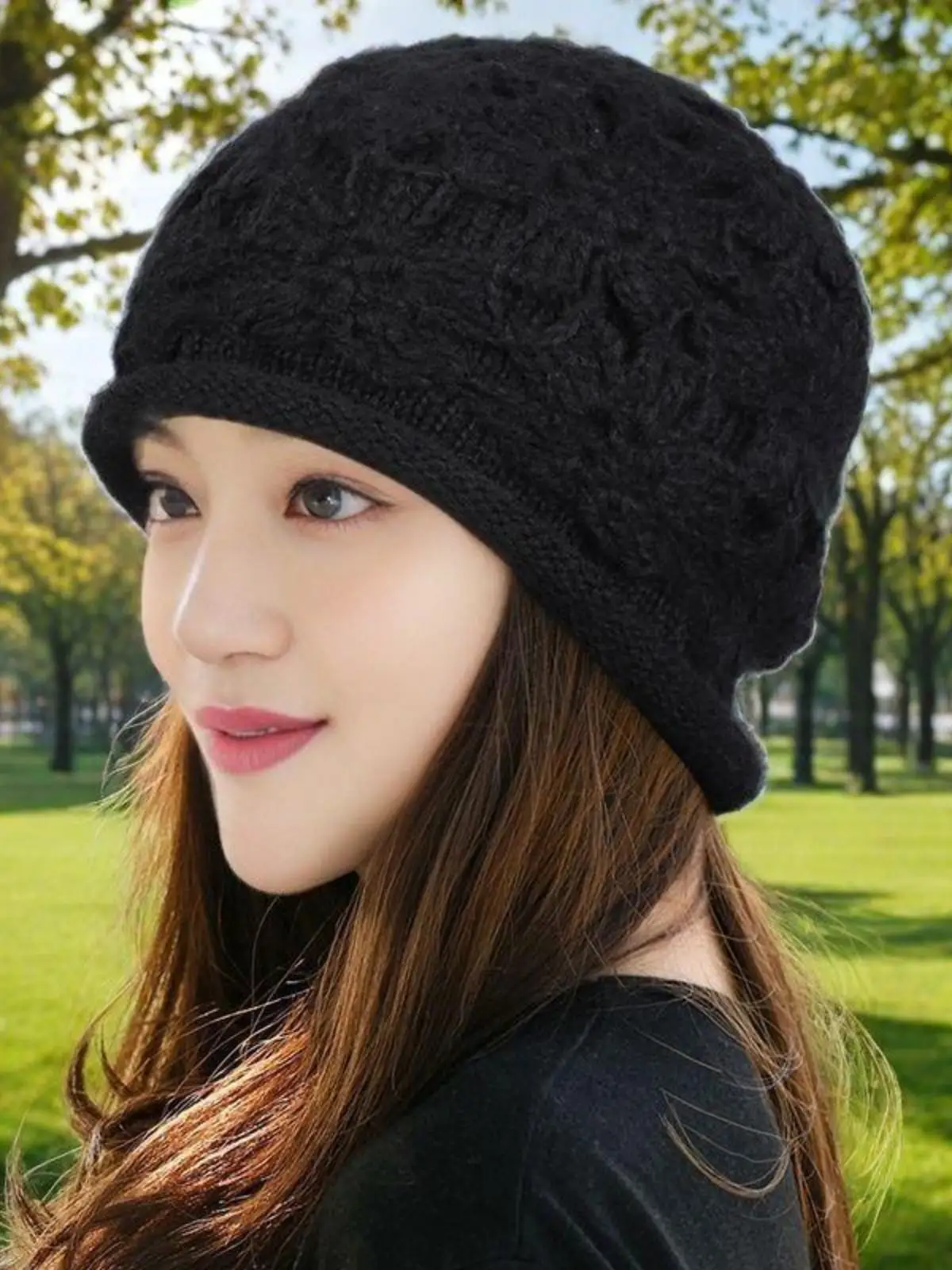 Hat Women Autumn and Winter Woolen Cap Handmade Crochet Sleeve Elegant Toque Knitted Warm Flower