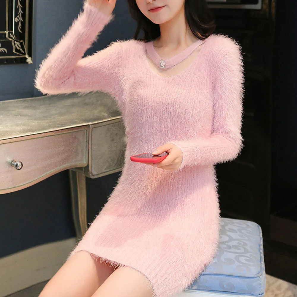 

Sexy Imitation Mink Skinny V-neck Sweater Dress Mink Furry Sweaters Women Autumn Winter Elasticity Knit Bottoming Pullover Dress