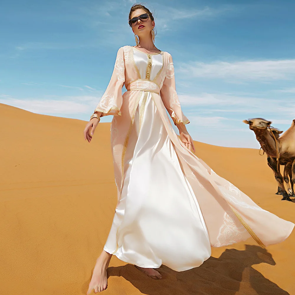 2 Piece Muslim Sets Open Abaya Matching Satin Slip Sleeveless Inner Dress Moroccan Kaftan Islam Turkey Abayas for Women Dubai