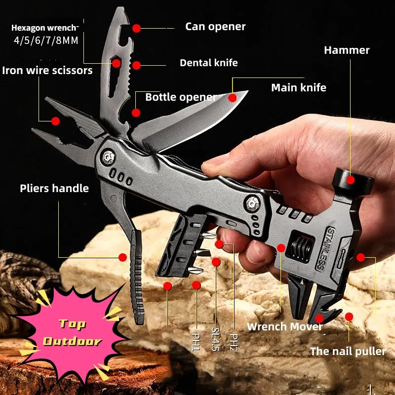 Outdoor Knife Pliers EDC Tool Black Multifunctional Wrench Hammer Adjustable Flap Wrench Combination Universal Folding Pliers