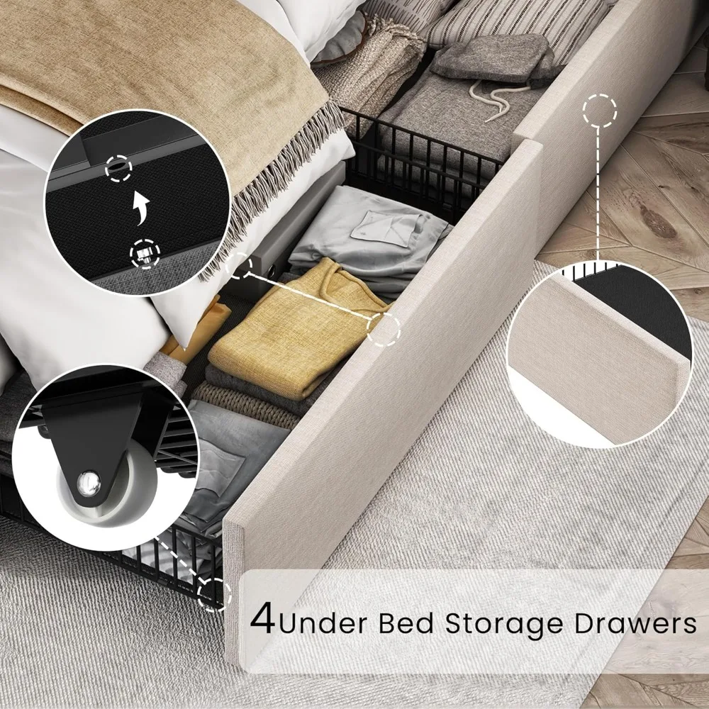 Кровати большого размера с 4 ящиками для хранения и ворсовым изголовьем льняная