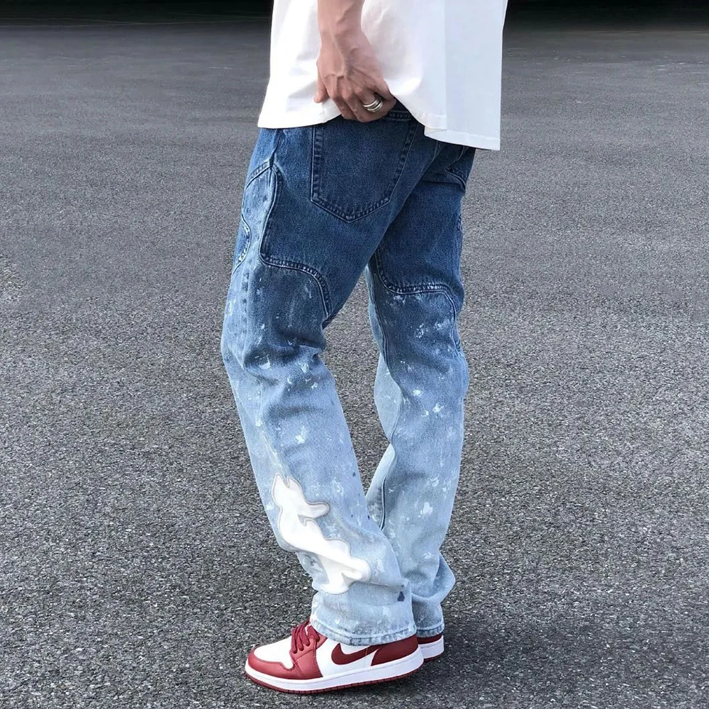 American Street Gradient Splashed Ink Graffiti Jeans Men's Tide Brand Straight Leg Loose Old Washed Retro Casual Pants Trousers