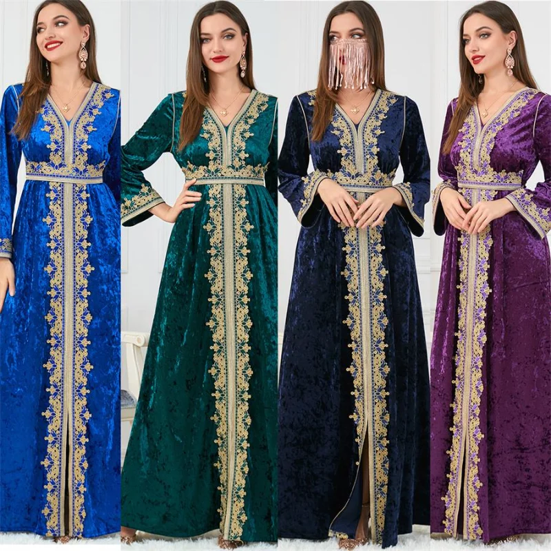Muslim Clothes Women V-Neck Lace Tape Embroidery Long Sleeve Velvet Dress Belted Abaya Wedding Caftan Moroccan Ramadan