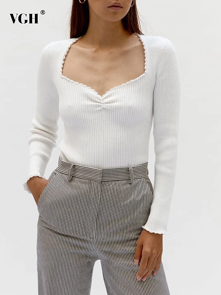 

VGH Minimalist Sweaters For Women Square Collar Long Sleeve Pullover Temperament Casual Sweater Female Fashion Style Autumn New