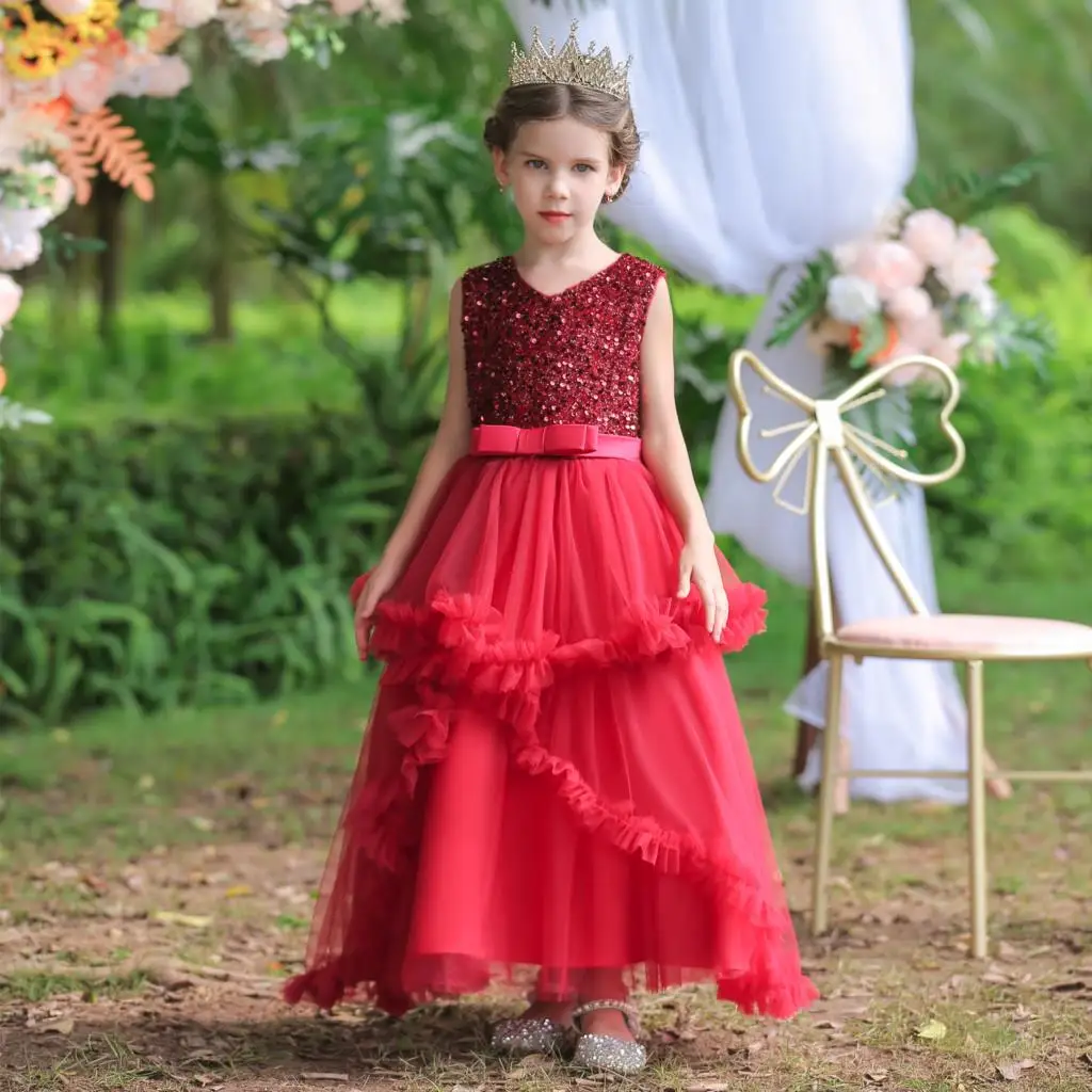

10-Year-Old Girl Clothing sleeveless Children's Party Dress Summer European Style luxury Dance Shiny Sequins