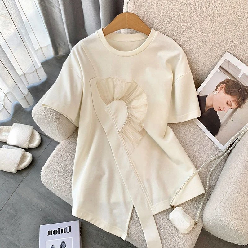 Футболка женская асимметричная с коротким рукавом хлопковый топ оборками и