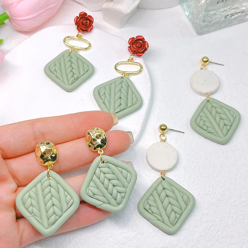 

Explosive Matcha Green Light Luxury Retro Soft Clay Pottery Drop Earrings Girl S925 Creative Woven Geometric Female Jewelry