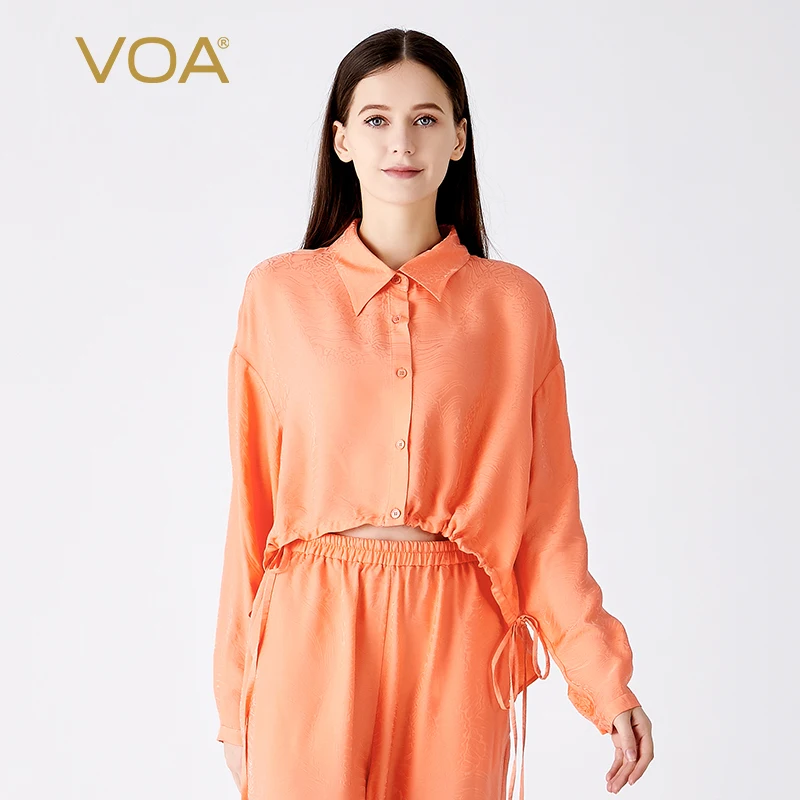 

VOA, 100% шелк тутового шелкопряда, жаккард, оранжевый воротник поло, топы, рубашка с длинным рукавом, однобортная, с изогнутым подолом, шелковая рубашка для женщин, BE1399