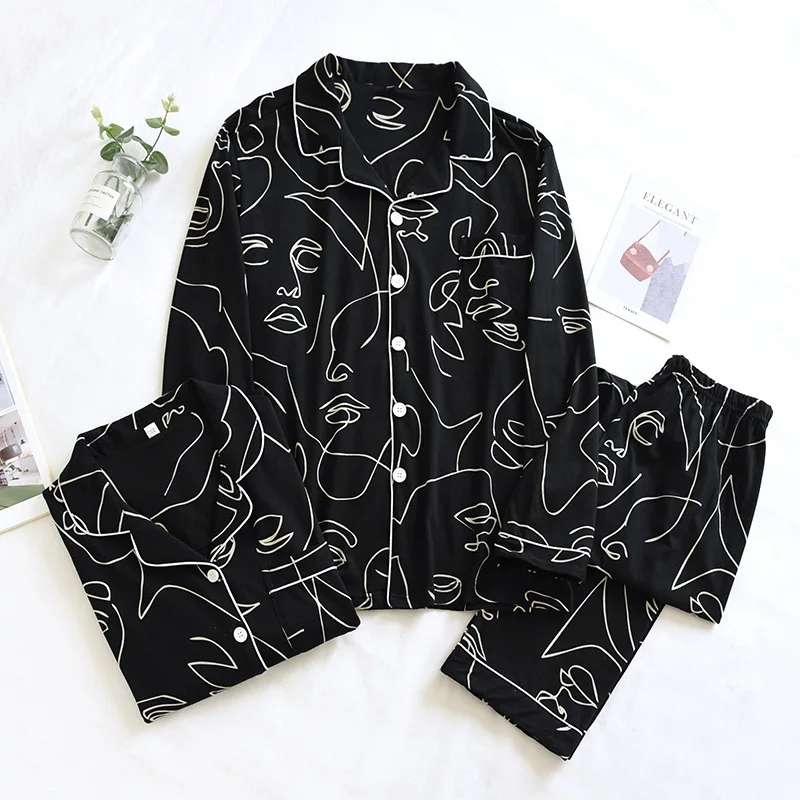 

Couples Pajamas Long-sleeved Trousers 100% Cotton Two-piece Female Abstract Painting Home Service Male New Spring Autumn
