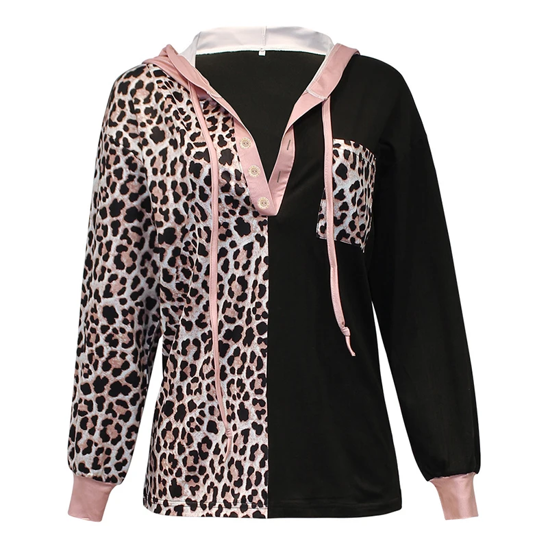 2022 Spring New Women's Fashion  Sweatshirt Leopard Print Half Open Collar Long Sleeve Pocket Panel Hooded Top images - 6
