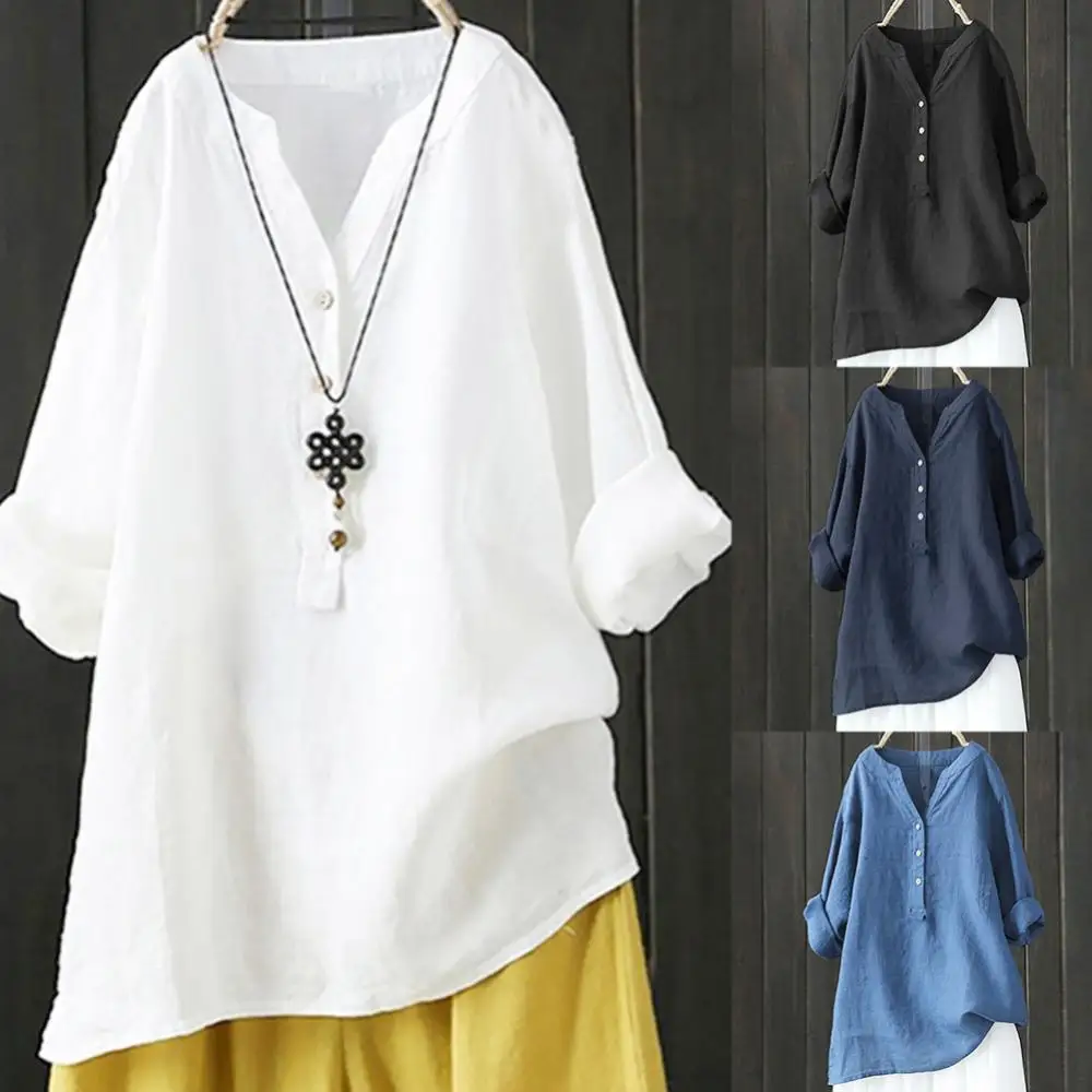 

Женская Однотонная футболка с V-образным вырезом, рубашка с длинным рукавом, свободная льняная блузка, топ, женская одежда, уличная одежда