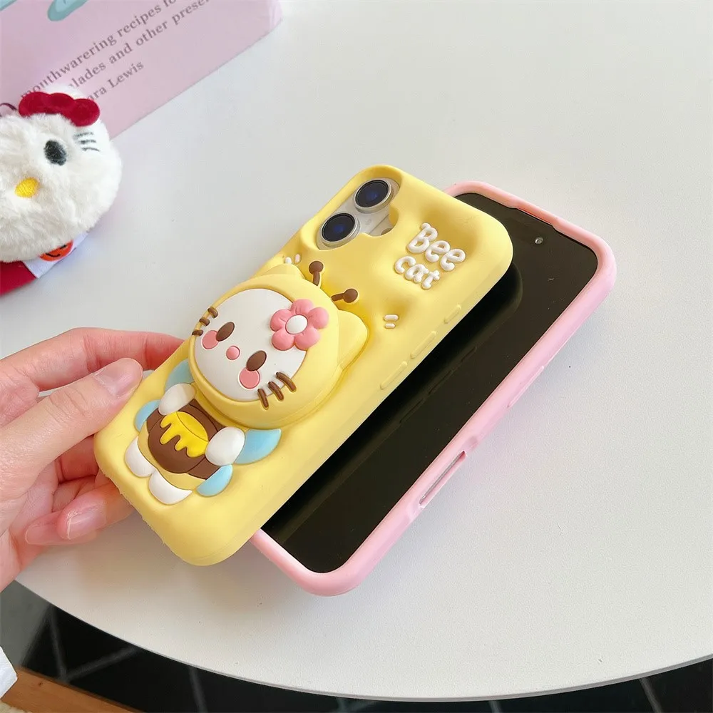 Для iPhone 15 12 Pro 16 13 14 Max Plus 11 XR 3D Bee Hello Kitty Face Grip Tok Holder Мультяшный силиконовый мягкий