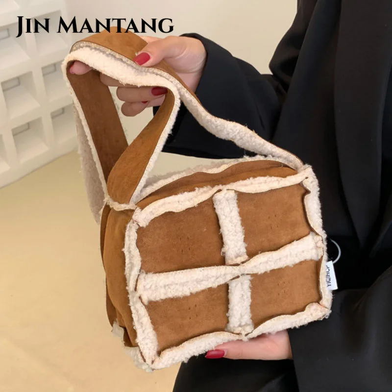 

Winter Plush Small Square Bag Splicing Lamb Wool Women's Shoulder Bags Female Clutch Crossbody Bag Handbag and Purse
