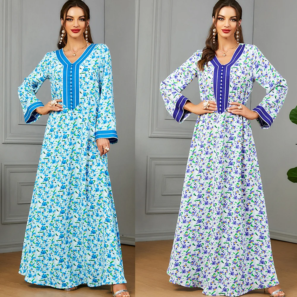 

2023 Ethnic Print Abayas for Muslim Women Eid Party Casual Maxi Dress Turkey Ramadan Kaftan Islam Arabic Robe Jalabiya Vestidos