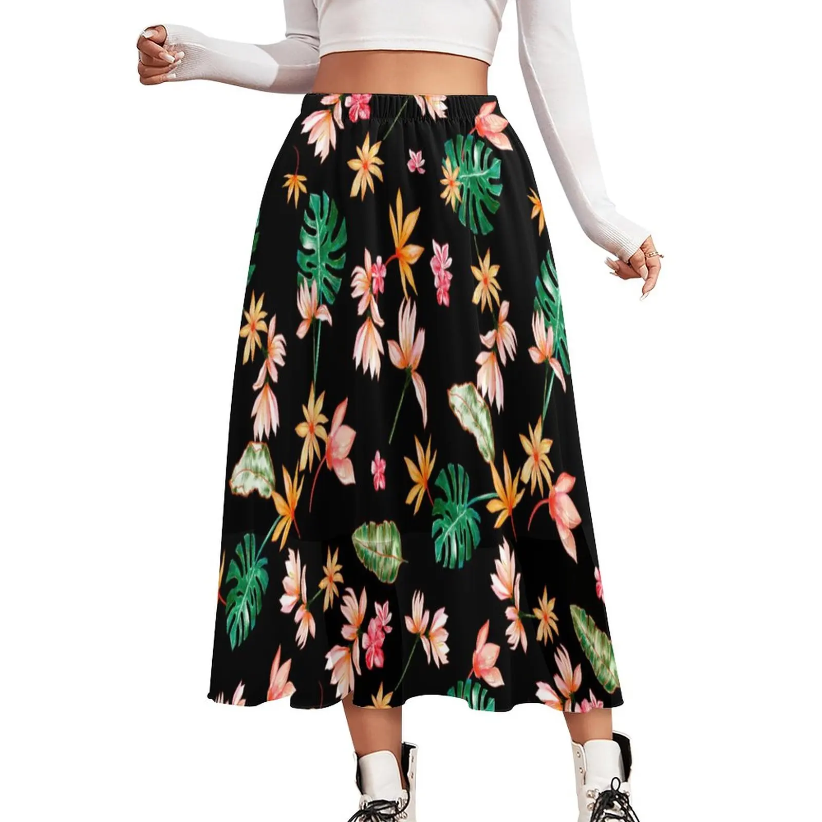

Floral Print Skirt Palm Leaf Trendy Vintage Boho Skirts Elastic Waist Graphic Korean Fashion A-line Skirt 2XL 3XL 4XL