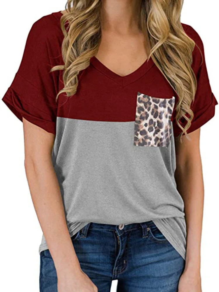 

GULE GULE Women Short Sleeve Color Block Basic Summer Pullover Blouse T Shirt V Neck Knit Tops with Pocket