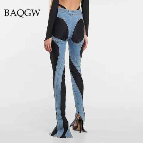 Fashion Designer Color Block Women's Jeans Slim Deconstruct Panelled Patchwork High Waist Split Blue Long Denim Pants Autumn