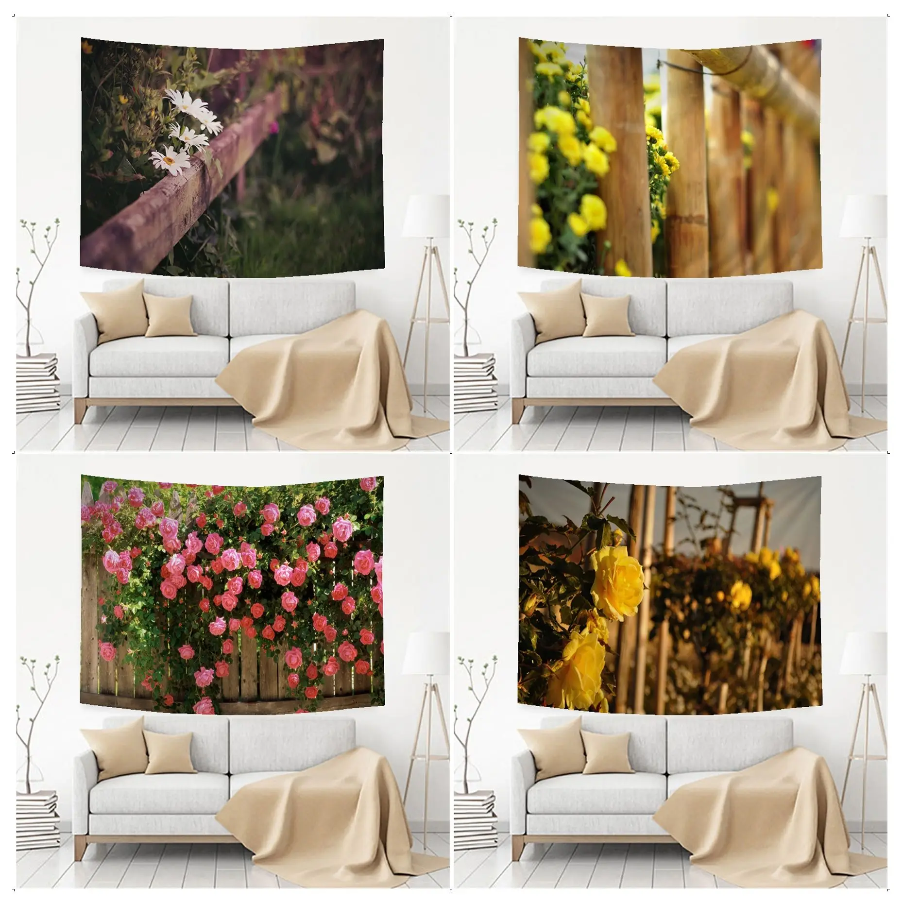 

Retro Wooden Fence Nature Pink Rose Plants Floral Hippie Wall Hanging Tapestries Home Hippie Bohemian Decoration Home Decor