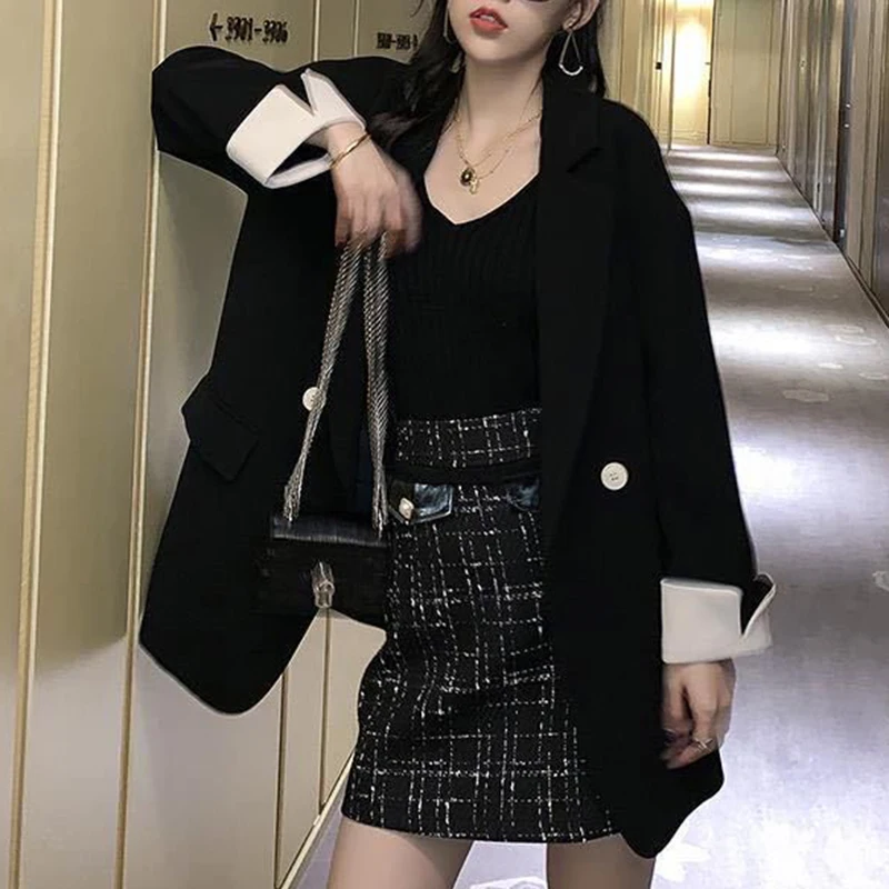 Корейский розовый маленький костюм пальто женский двубортный свободный