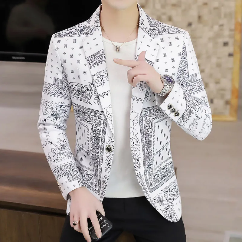 

HOO 2022 Men's Casual Printed Suit Youth Slim Handsome blazer