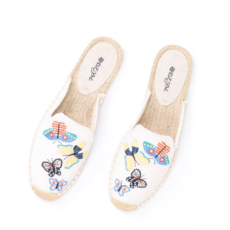 

2021 Pantufa Flip Flops Simple Mule Breathable Flat Espahemp Summer Rubber Cotton Fabric Floral Drilles Shoes, Pure Color Mules