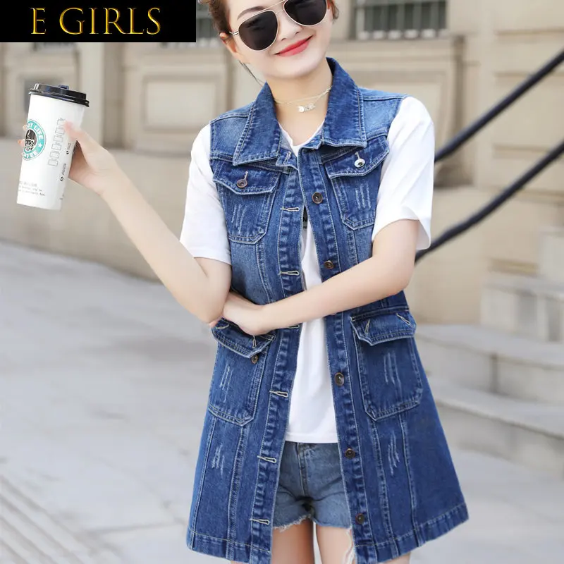 

Женский джинсовый жилет средней длины, без рукавов