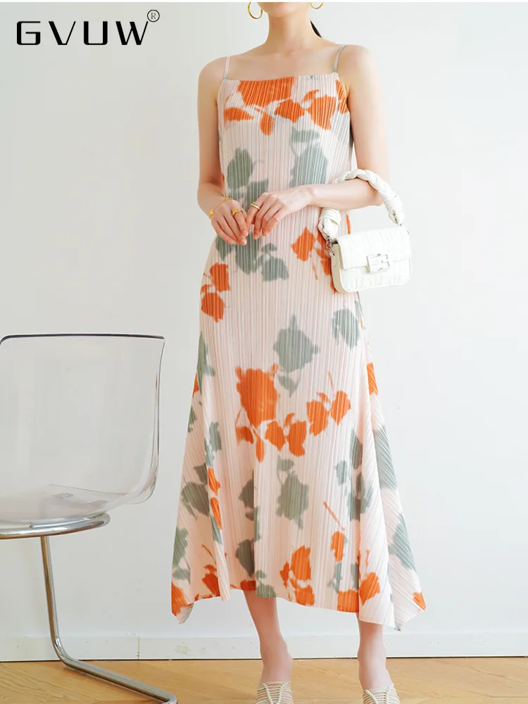 GVUW Floral Printing Pleated Dress Slash Neck Sleeveless Dress For Women 2023 Spring New Female Fashion Elegant Clothing 17J0075