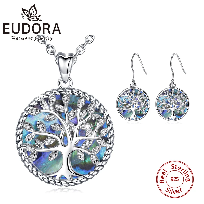EUDORA-pendientes y collar de árbol de la vida para mujer, de plata de ley 925, conjunto de joyería de hoja de cristal de concha de abulón Natural, regalo de plata