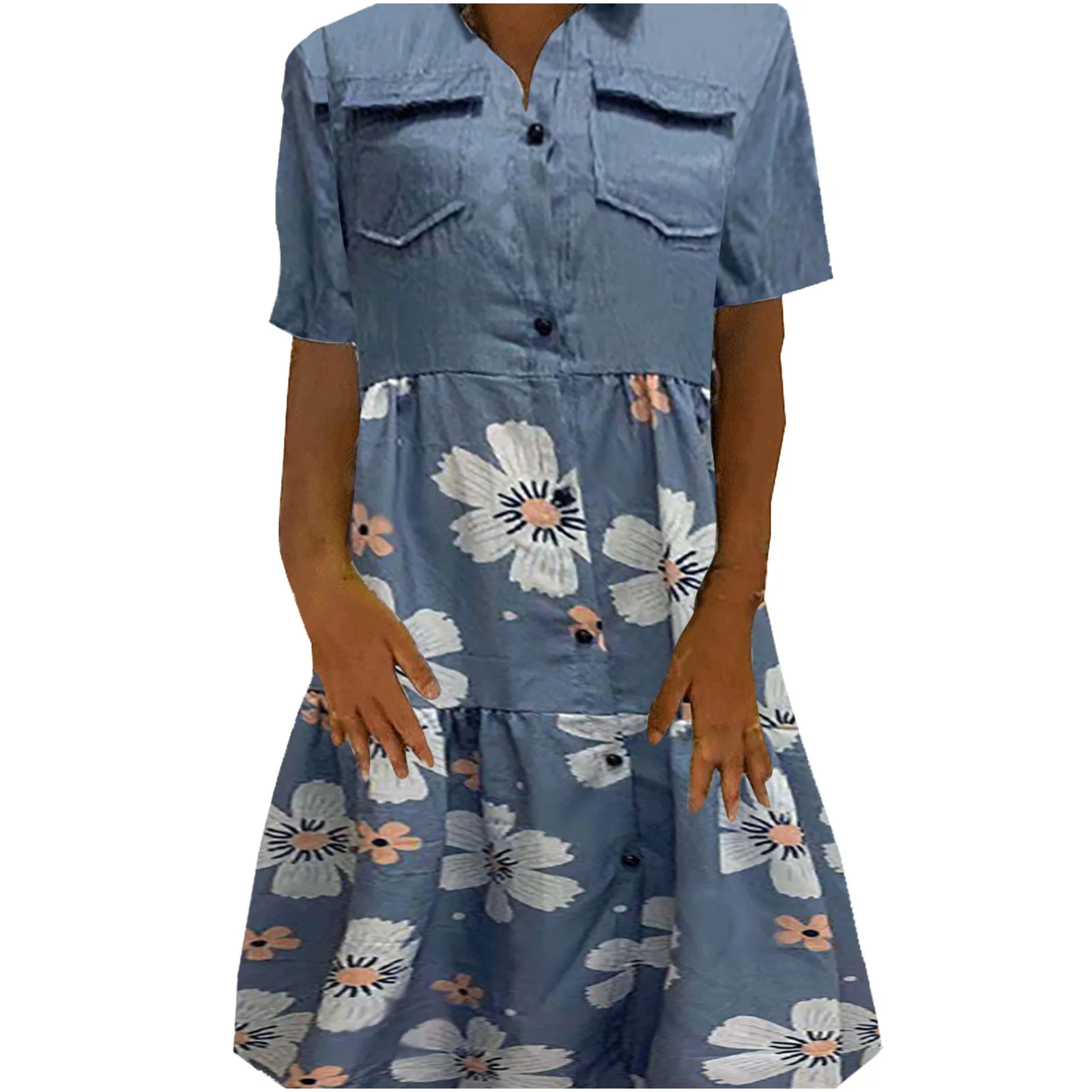 

ISHOWTIENDA Dresses for Women 2022 Short Sleeve V-neck Dress Button Loose Long Denim Printed Dress vestidos para mujer 2022