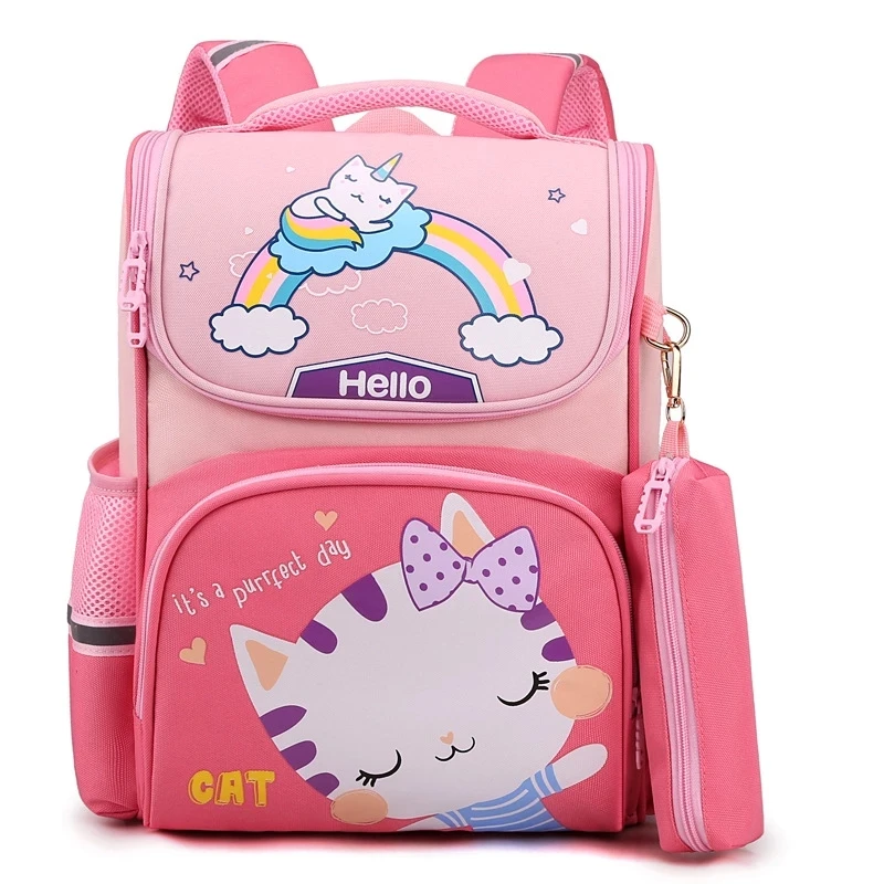 Детские школьные ранцы для девочек и мальчиков, ортопедический рюкзак с милым котом для начальной школы, детские портфели