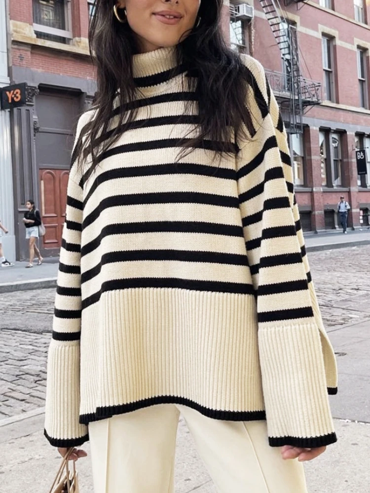 

Sweater Women 2022 Turtleneck Knitted Striped Slit Sweater Top Striped Sweater Loose Top Women's Sweater Long Sleeve High Street