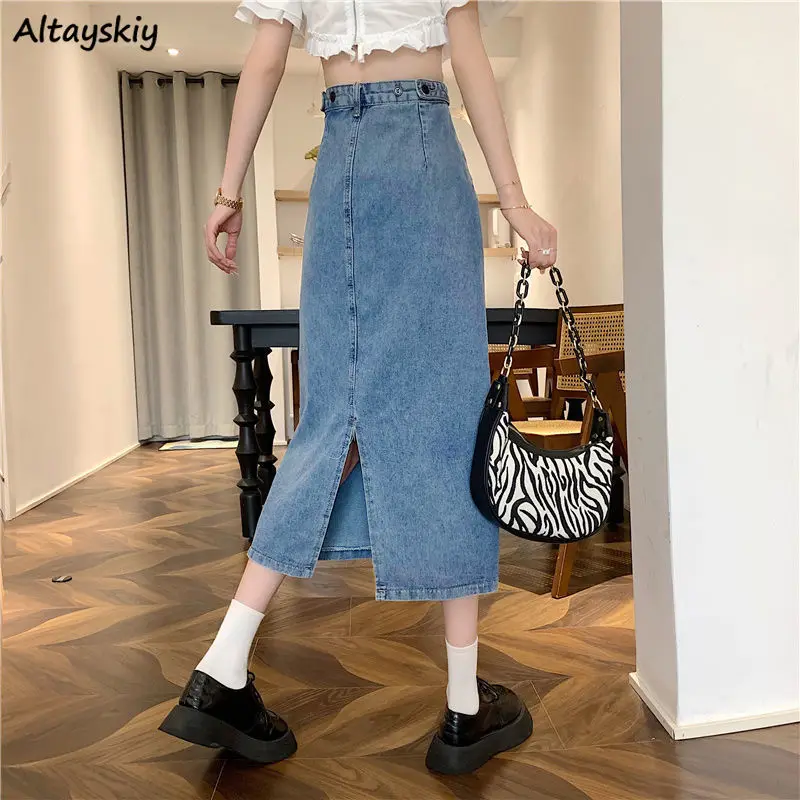 

Denim Skirts Women Back-slit Midi High Waist Cool Streetwear Holiday Girlish Retro Chic Ulzzang Basic All-match Summer New Mujer