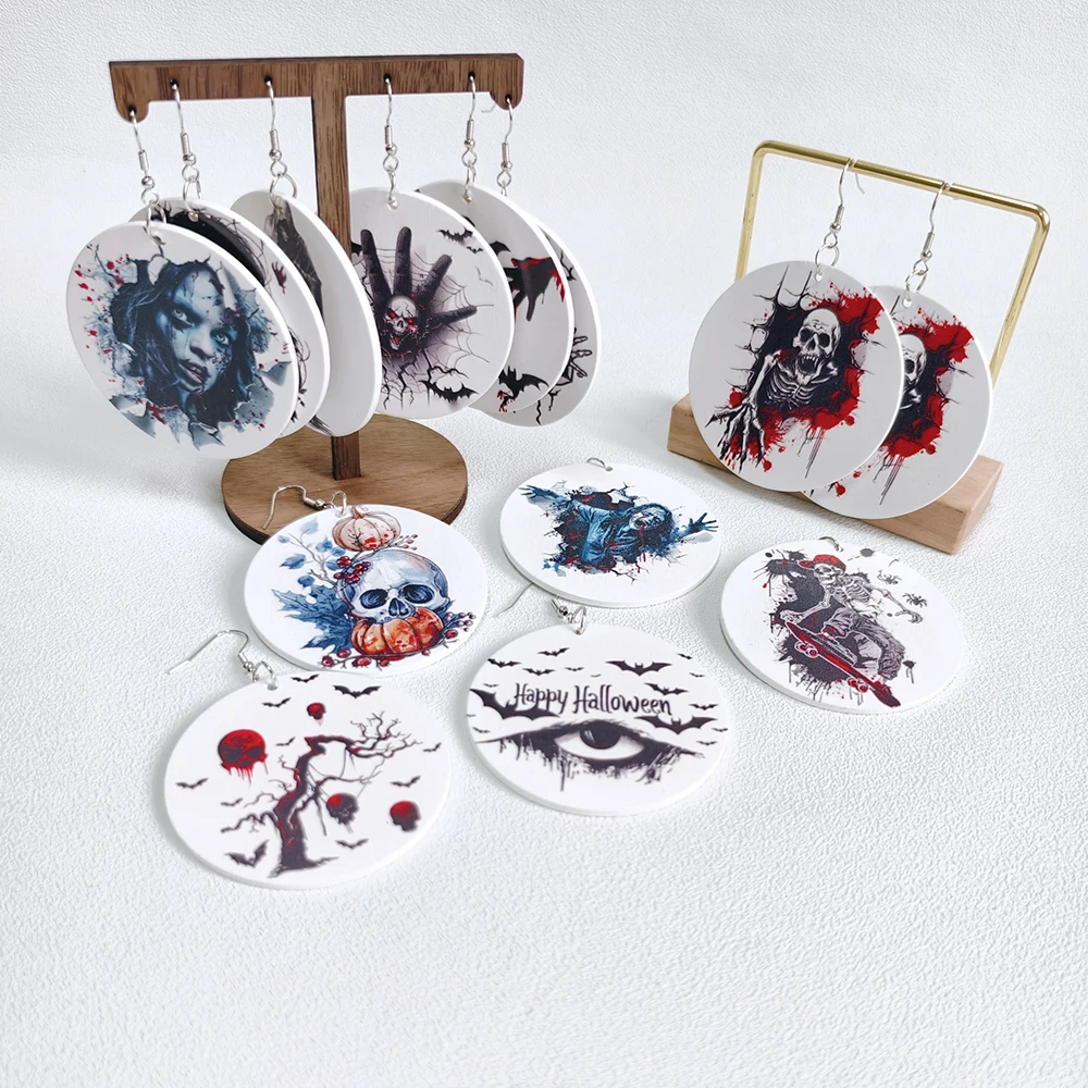 1 Пара Стильных Деревянных Висячих Сережек На Тему Хэллоуина Летучие Мыши Череп