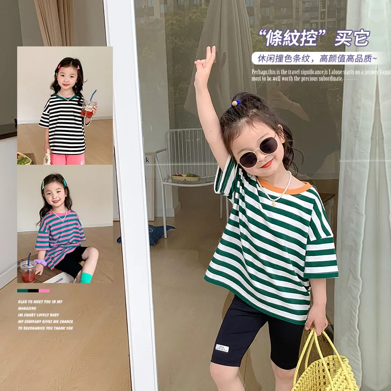 

2022 Summer Girls Casual Stripe Short Sleeve T-shirt Baby Kids Children Tee