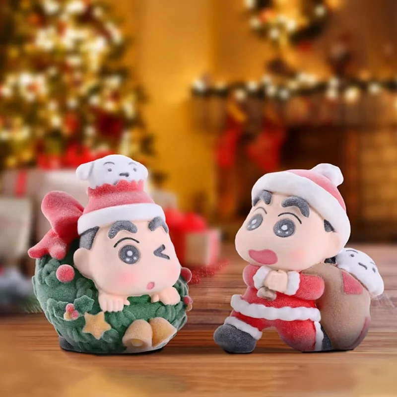 Crayon Shin-Chan Christmas Series Blind Box Flocking Kawaii Figures Collectable Doll Toys Desktop Ornaments Holiday Gift