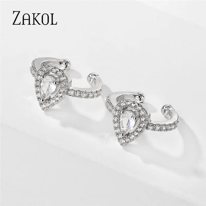 ZAKOL 1 шт. Белый Цвет капли воды кубического циркония уха кости клип серьги для