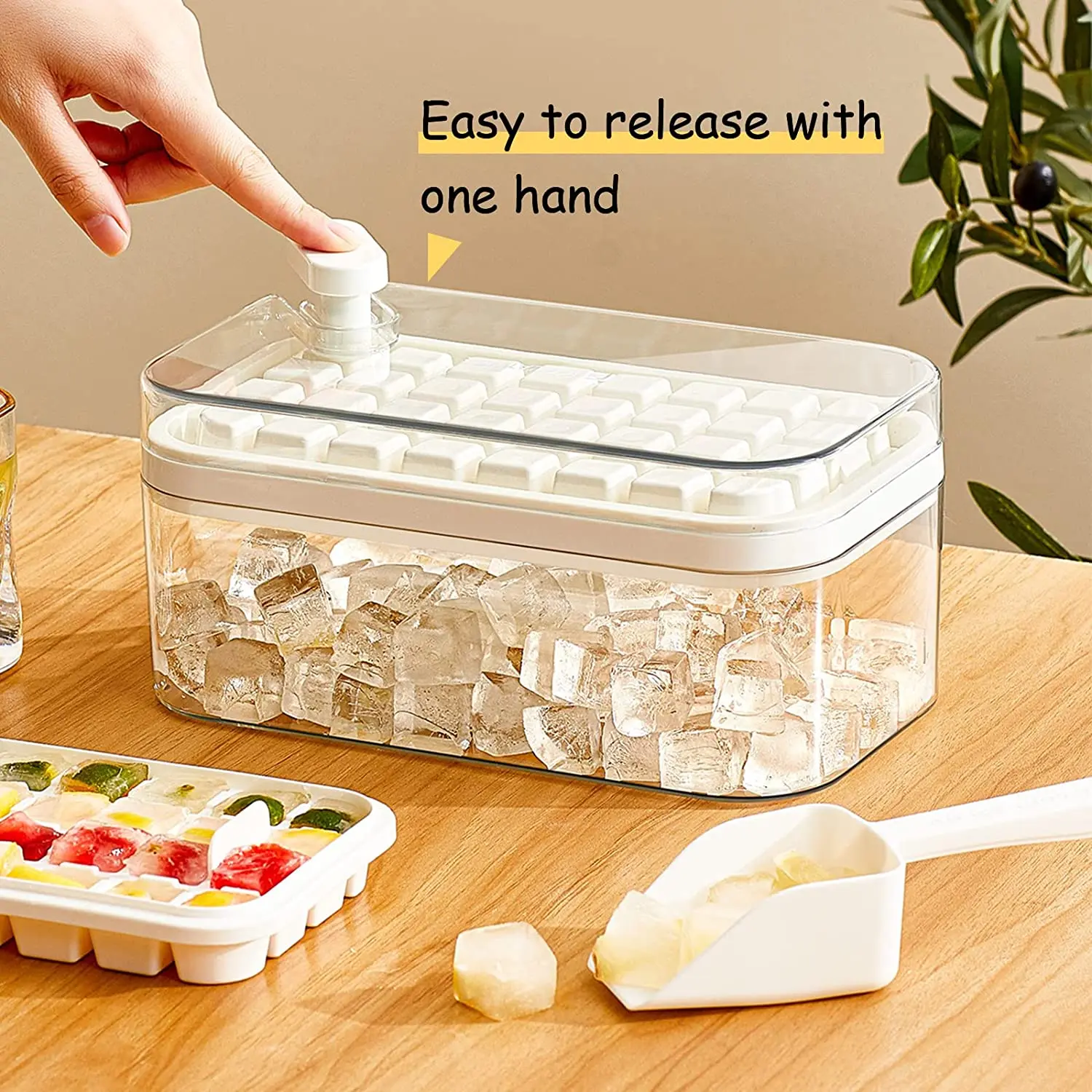 Ice Cube Tray with Lid and Bin Ice Cube Maker for Freezer, 64 Pcs Ice Cube Mold (White)