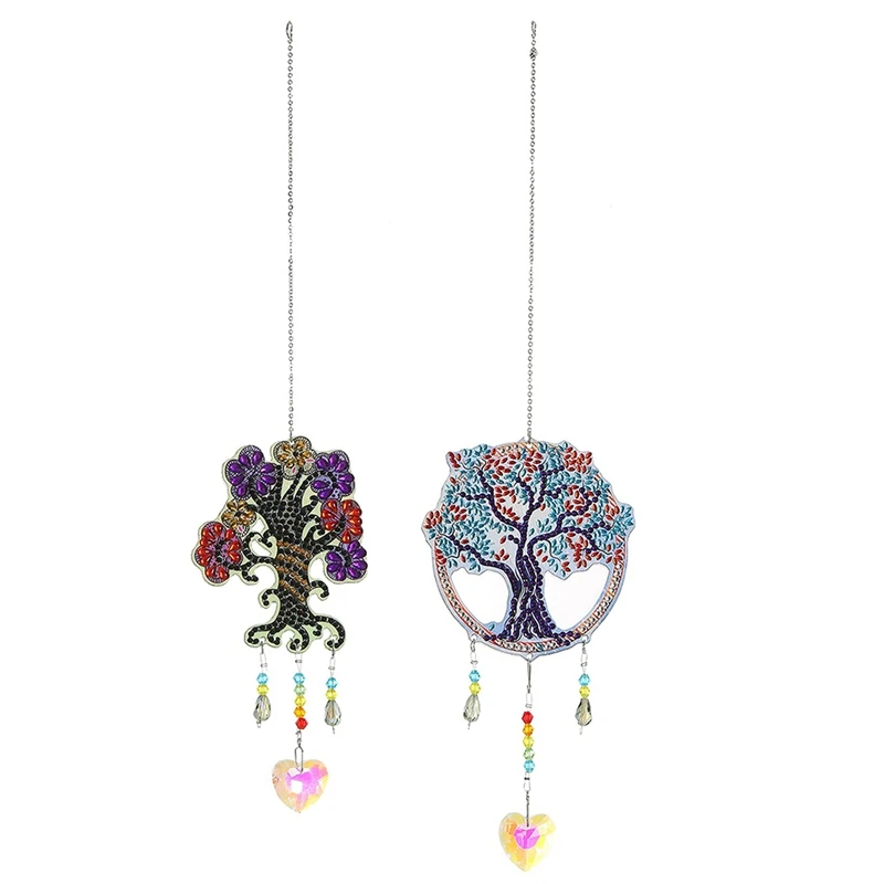 

ABHU 2Pcs Diamond Painting DIY Special Shape Drill Trees Window Hanging Ornament Crystal Suncatcher Wind Chime Number Kit
