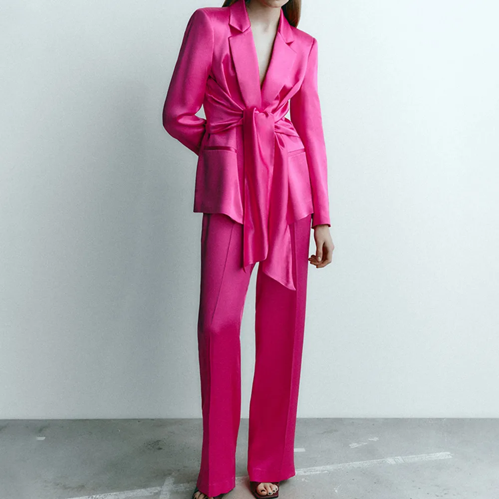 2022 Women Long Sleeve Bow Lacing Silk Satin Texture Solid Blazer High Waist Elastic Waist Straight Pants Two Piece Suit