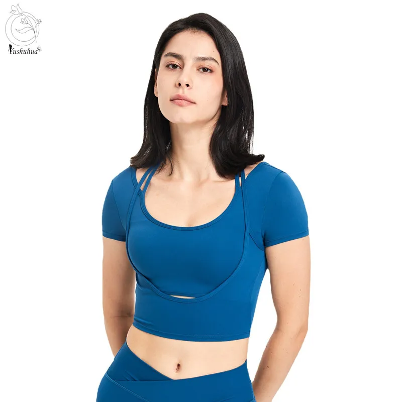

Yushuhua Lncluded Chest pad Sports Short sleeve Yoga Shirts Gym Fitness Crop Top Sports Bra Women Gather Yoga Bra Sportswear