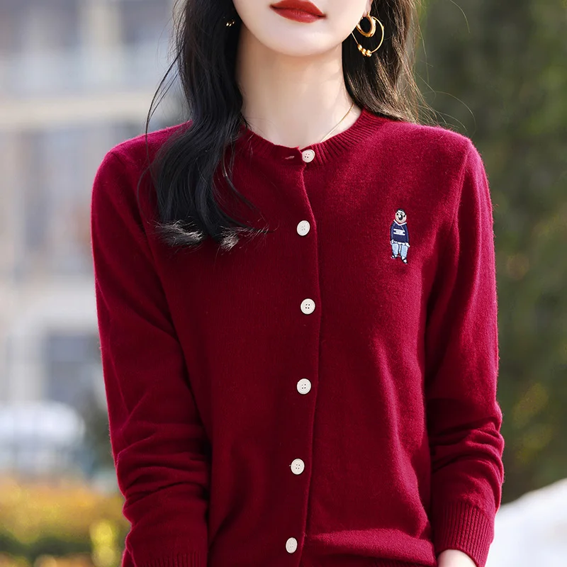 Женский шерстяной свитер с круглым вырезом Свободный вязаный кардиган из 100%-ной