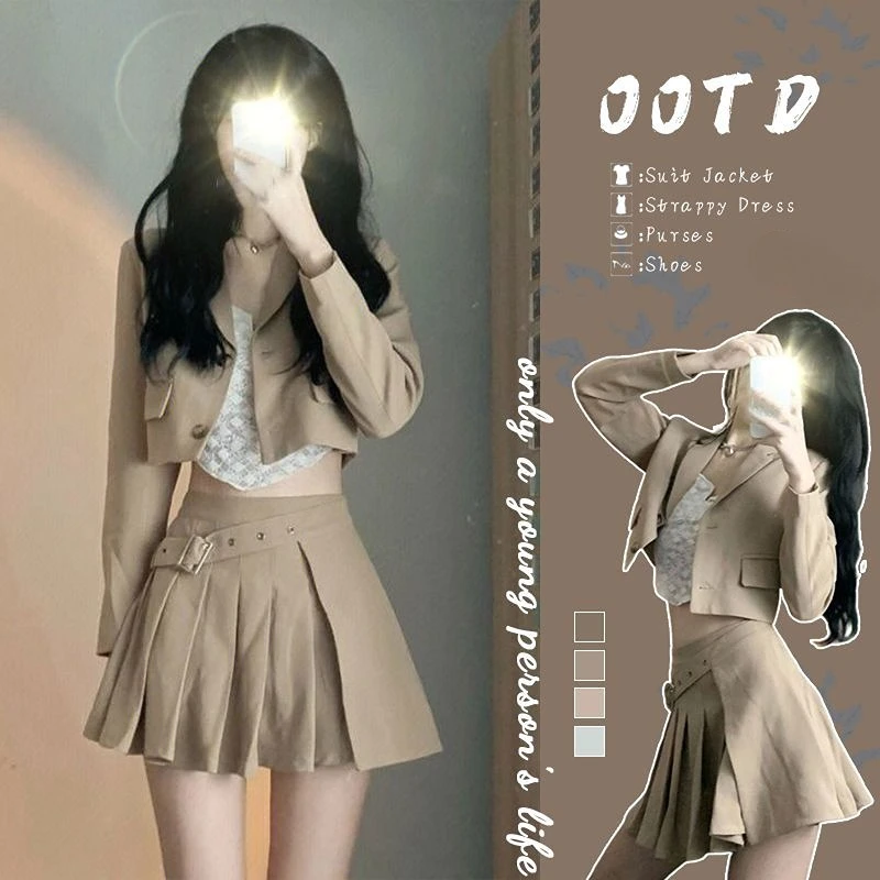 

Женский костюм с плиссированной юбкой, милая куртка в Корейском стиле, модель V45 на весну и осень